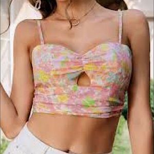 Double Crazy Vintage Floral Crop Top Spaghetti Straps Keyhole Front Size Medium